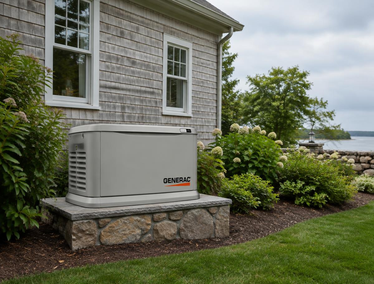 Standby generator on a stone pad beside a shingle-style home