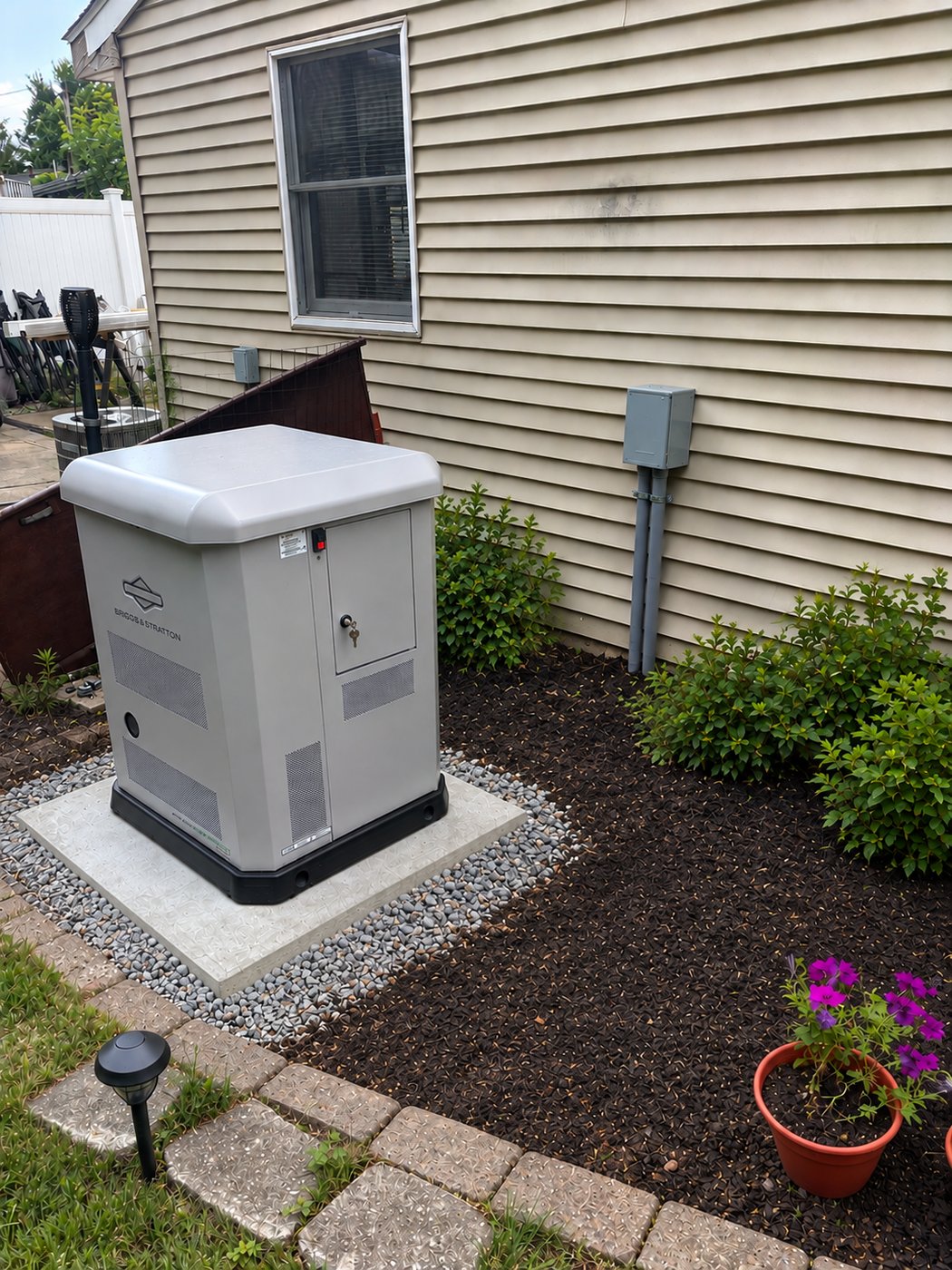 Briggs & Stratton home standby generator installed on a concrete pad with a finished stone and mulch bed