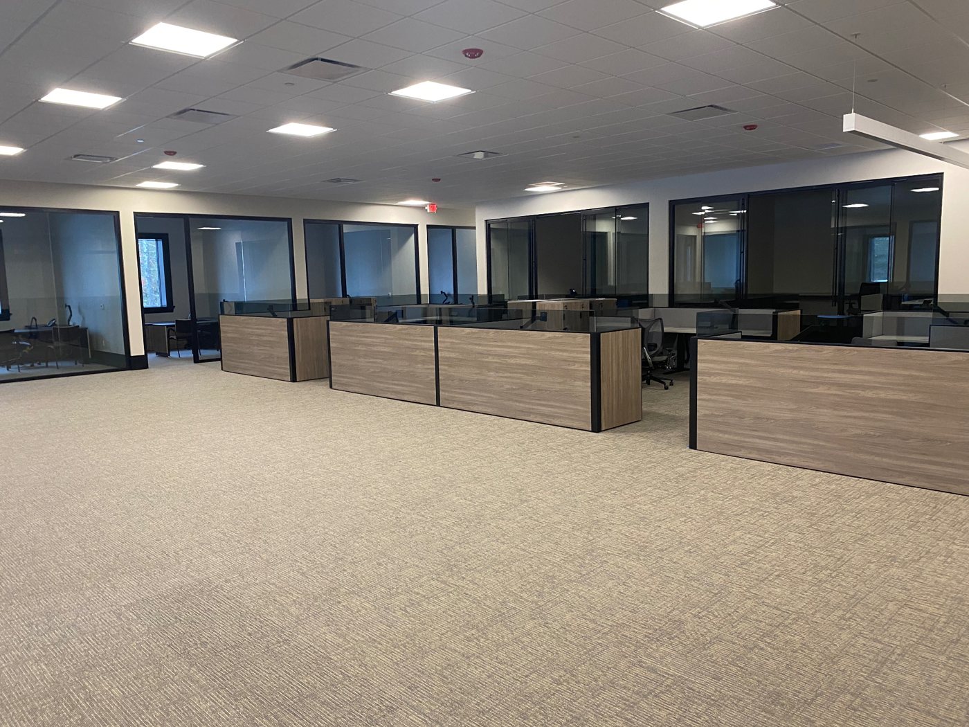 Open office with LED flat panel lighting, private offices and workstation power