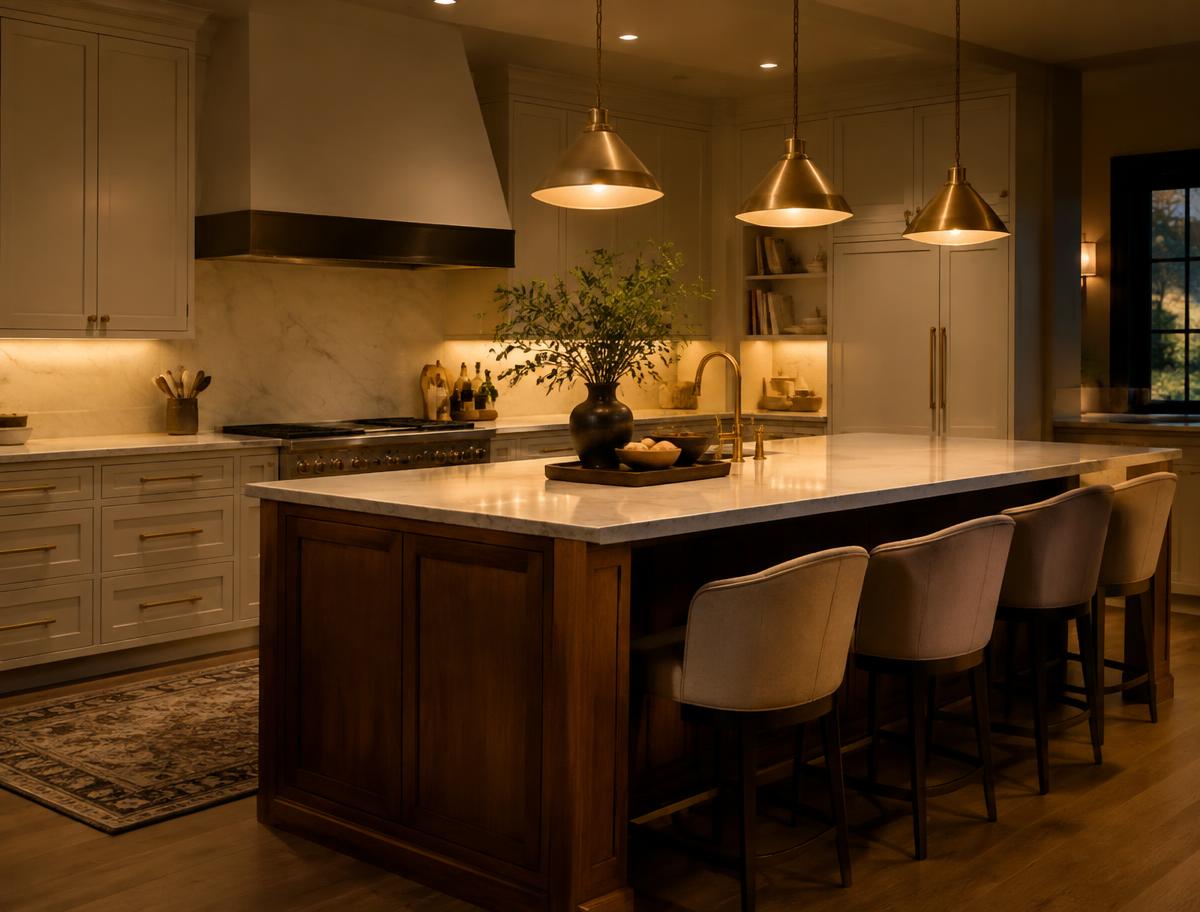 Upscale kitchen with brass pendant lights and under-cabinet lighting